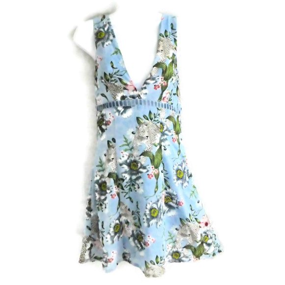 H M Dress Fit Flare V Cheetah Floral Blue Mini S - Picture 1 of 10